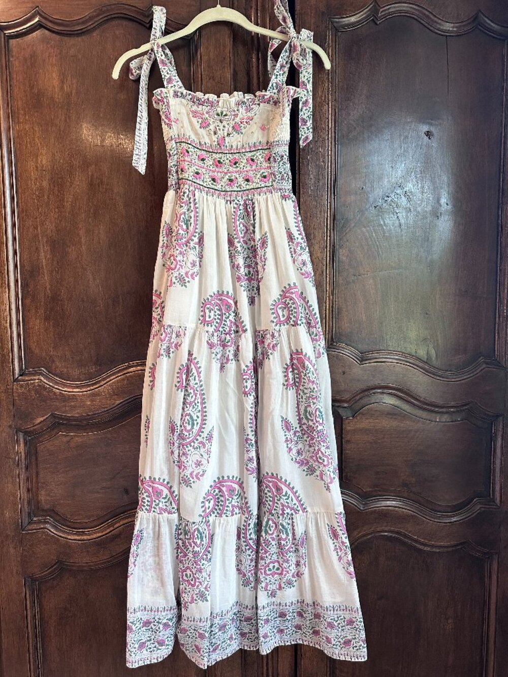 Bell by Alicia Bell, XS Smocked midi dress in pink, green combination
